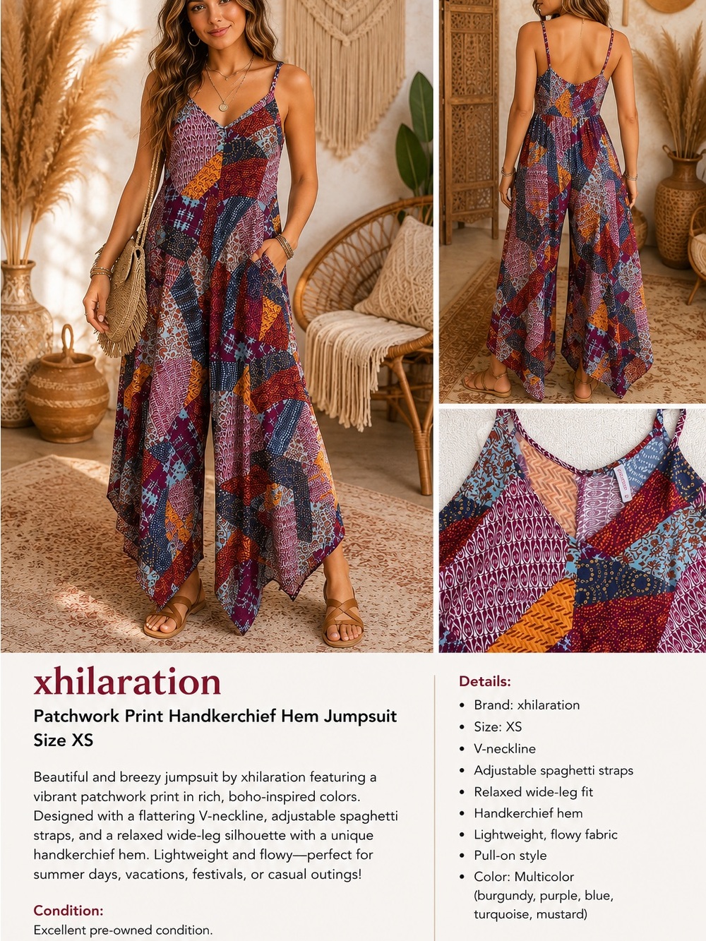 Boho Multicolor Patchwork Handkerchief-Hem Jumpsuit - Picture 2 of 6